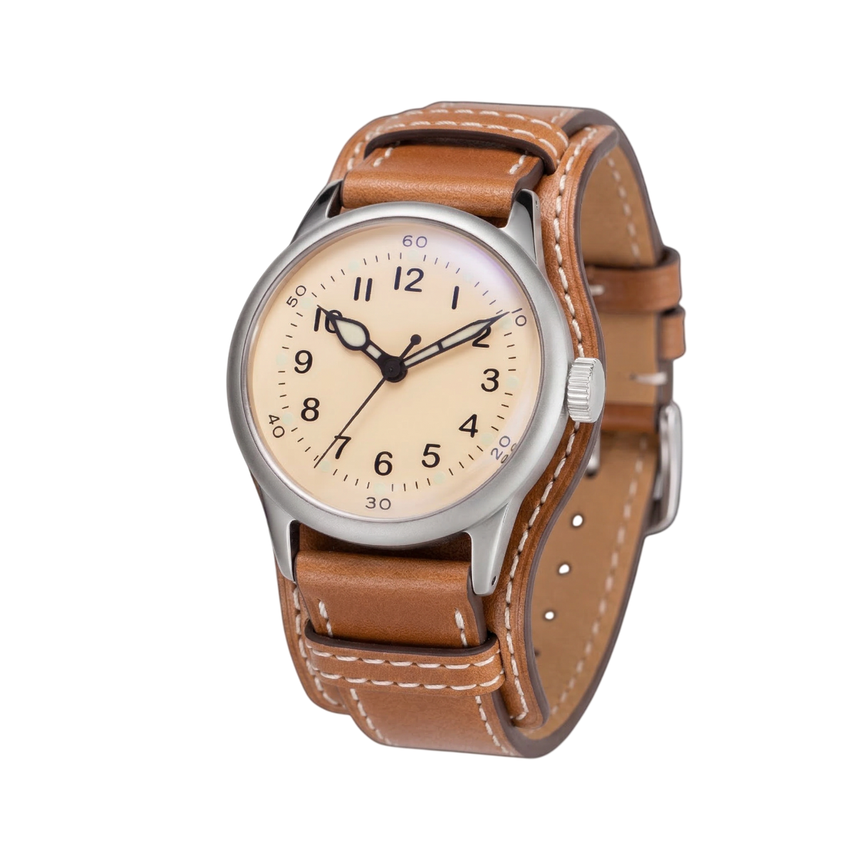 A-11 Tom Rice white dial on Bund leather strap, front view