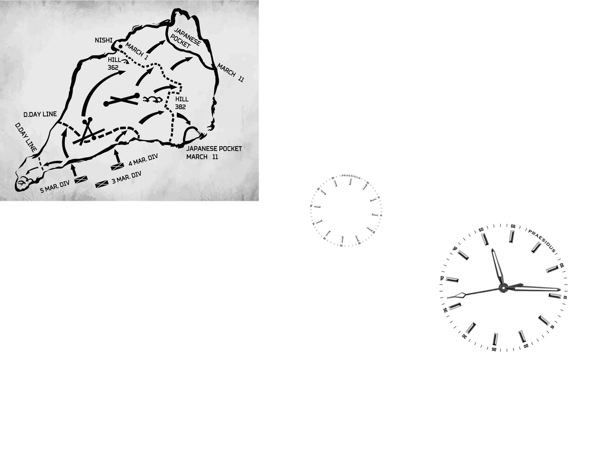 WWII Iwo Jima tactical battle map engraved on the watch dial 
