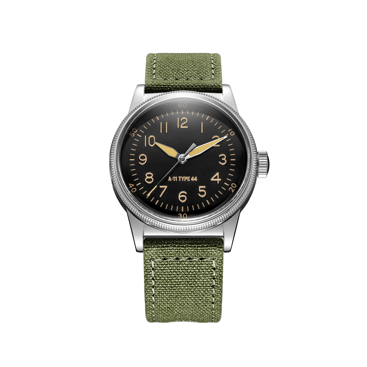 Praesidus x T.W.O. A-11 Type 44, patinated black dial, green canvas strap